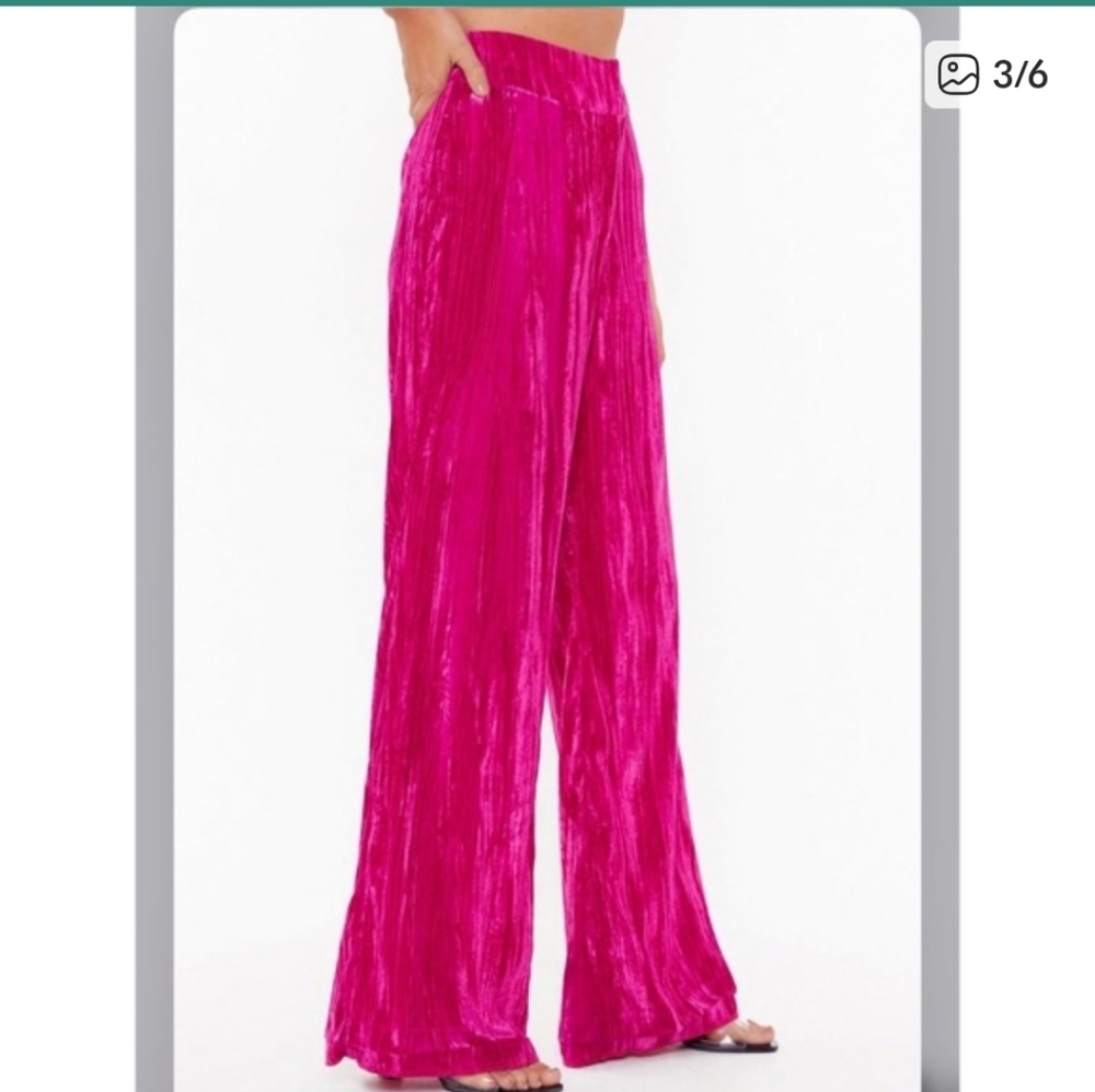 Nasty Gal Hot Pink Crushed Velvet Wide Leg Pants size 10 - Picture 2 of 10